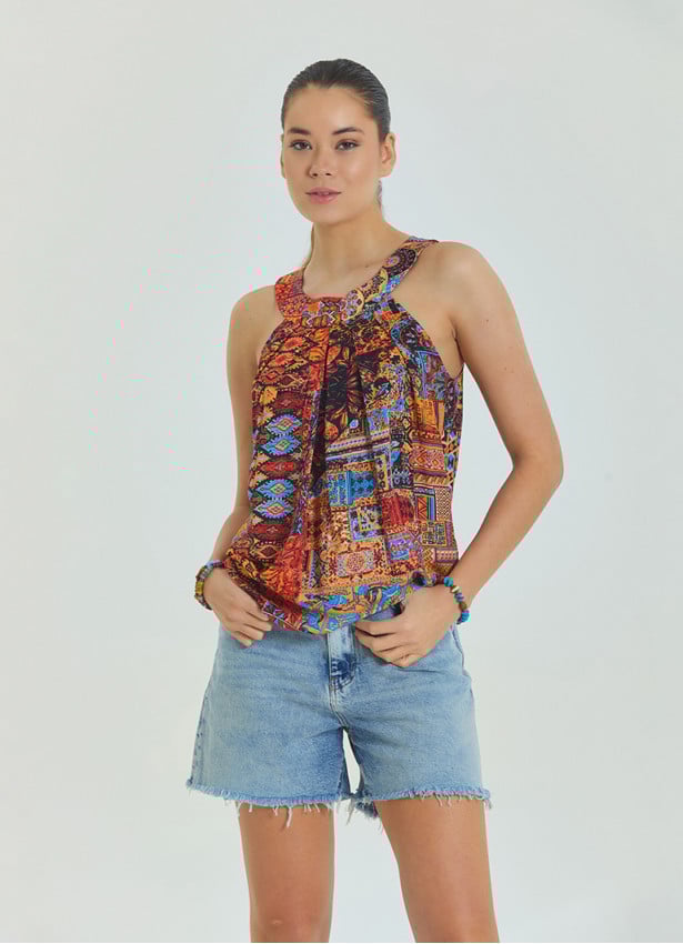 Halter Neck Button Detail Pleated Orange Authentic Blouse 4677
